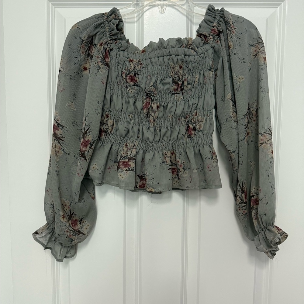 By Together Gray Smocked Ruffled Blouse